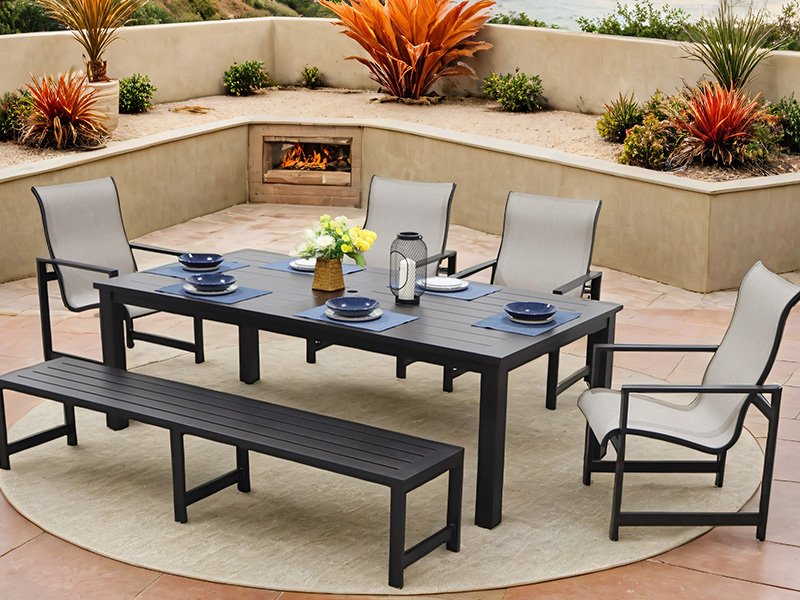 Conjunto de jantar de 6 peças para pátio de alumínio AOBAM (mesa de jantar de 86 x 44 pol.)